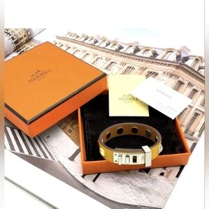 Auth HERMES Mini Dog Crew Carre Yellow Leather Bracelet Unisex W/Box